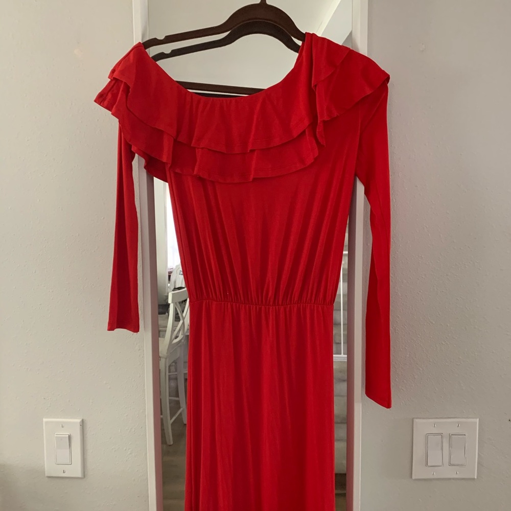 ASOS red off shoulder ruffle fitted long dress